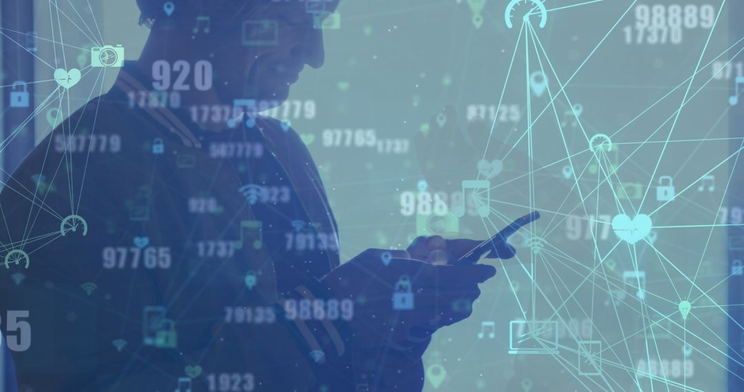 Caucasian Man Exploring Virtual Network with Smartphone