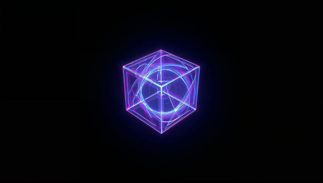 Glowing Neon Cube with Circular Core in Dark Space