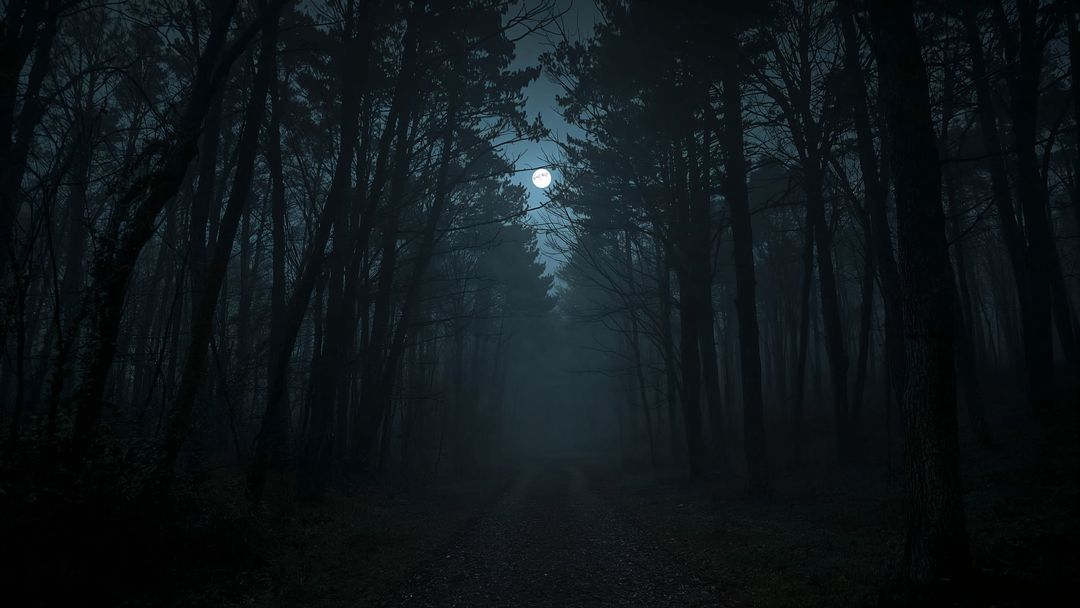 Mystical Moonlit Path in Misty Forest at Night
