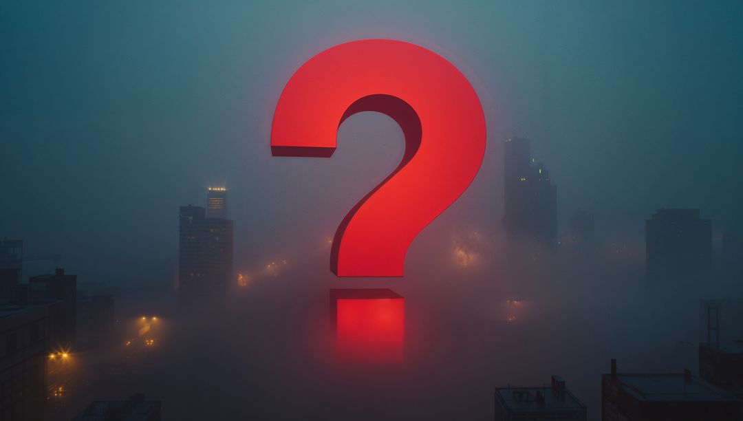 Mystical Red Question Mark Hovering Over Fogged Cityscape