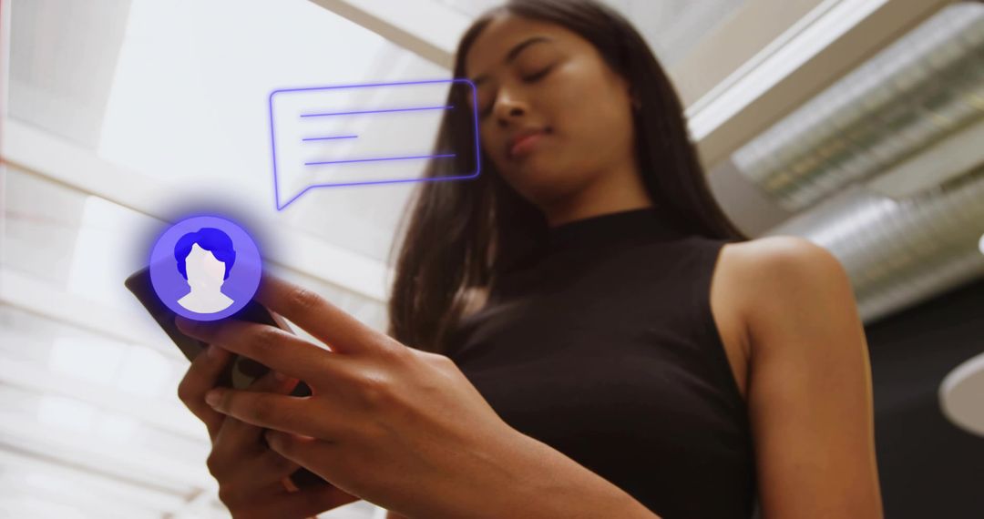 Professional Woman Texting on Smartphone in Office with Chat Overlay