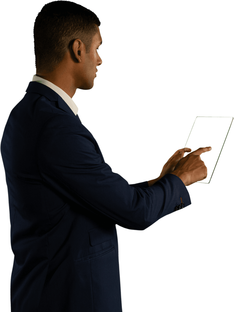 Man Touching Transparent Glass with Light Background