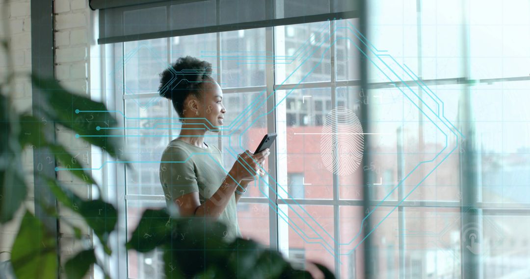 Woman Using Smartphone by Urban Window with Futuristic Digital Overlay