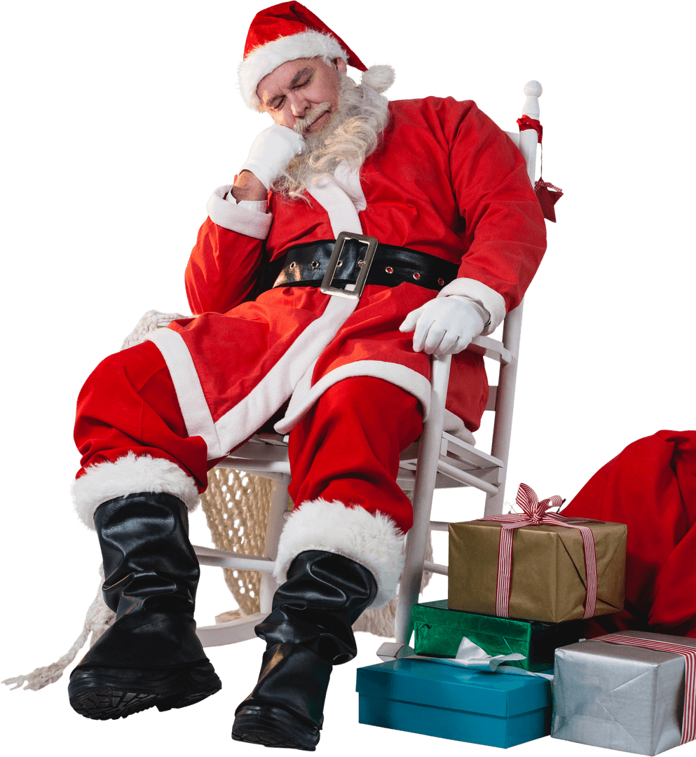Relaxing Santa Claus Sleeping in Rocking Chair with Gifts, Transparent Background