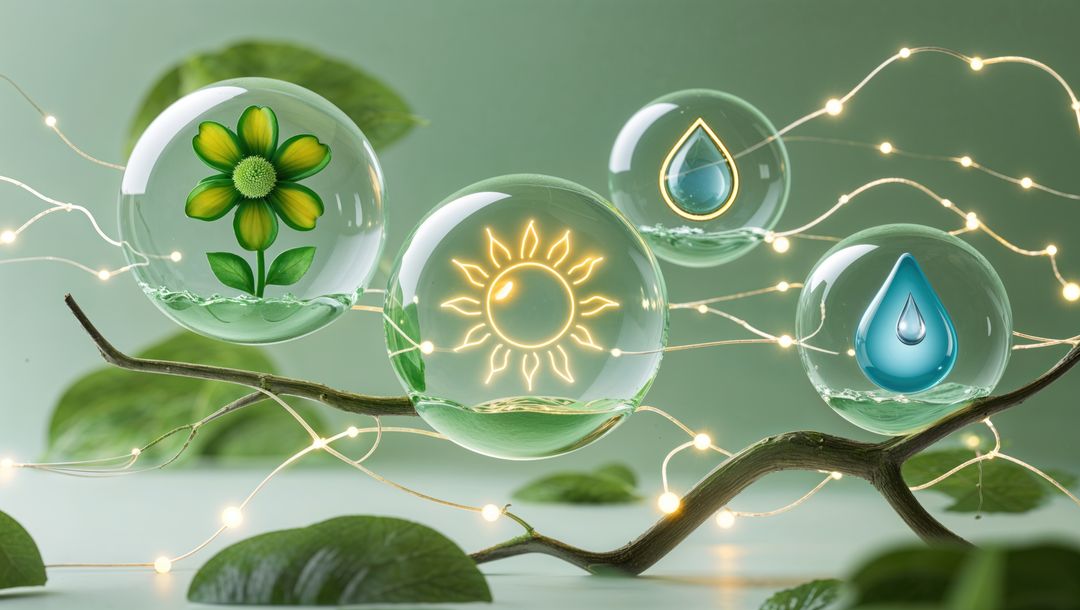 Illuminated Spheres with Nature Icons Hovering on Branch