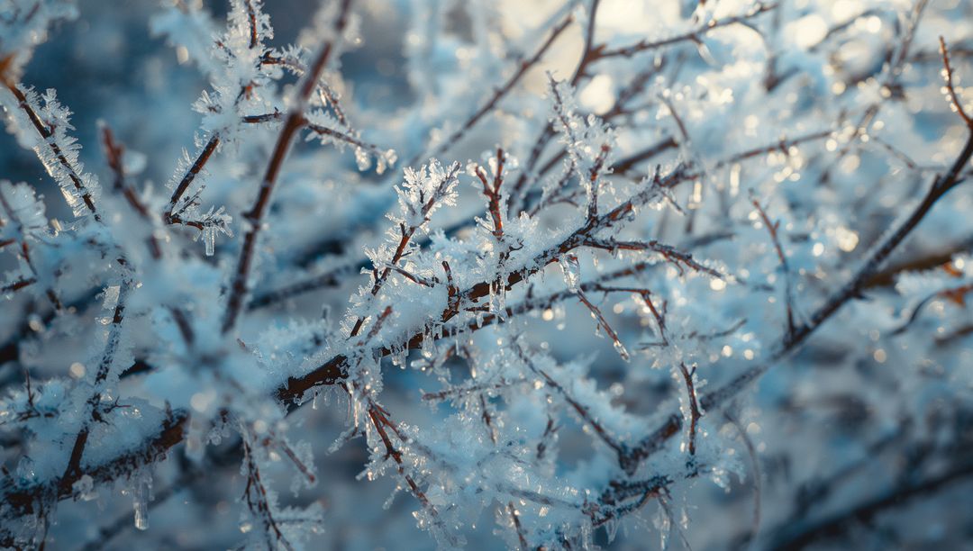 Glinting Frost on Shrub Branches at Sunrise