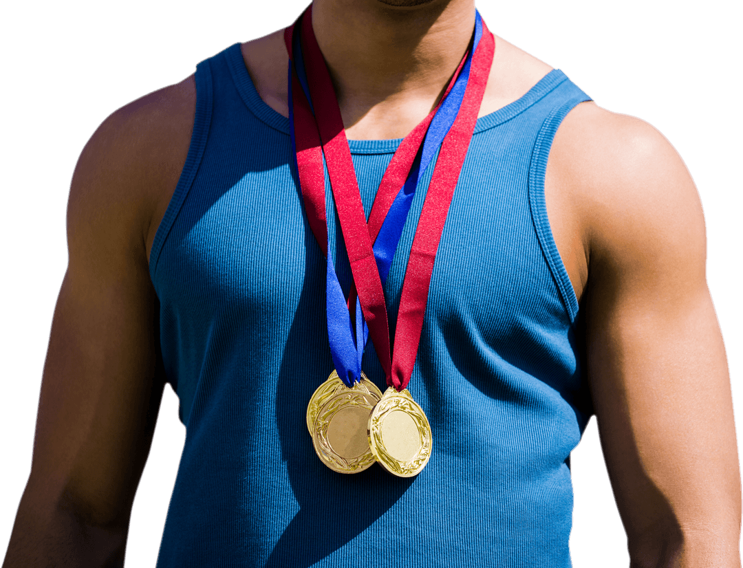 Athletic Man Displaying Sports Medals on Transparent Background