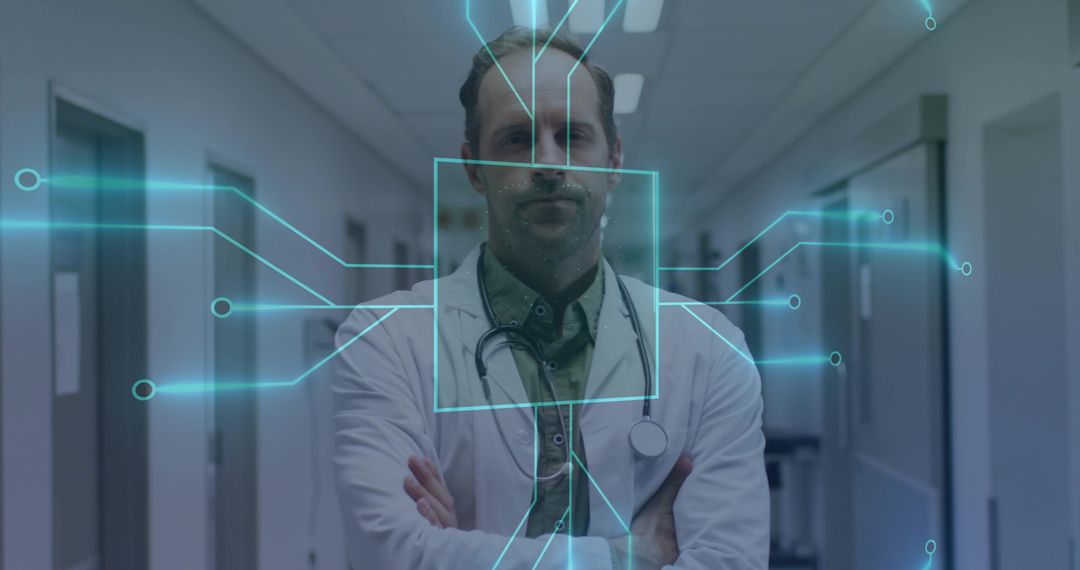 Doctor in Hospital Corridor with Futuristic Digital Interface