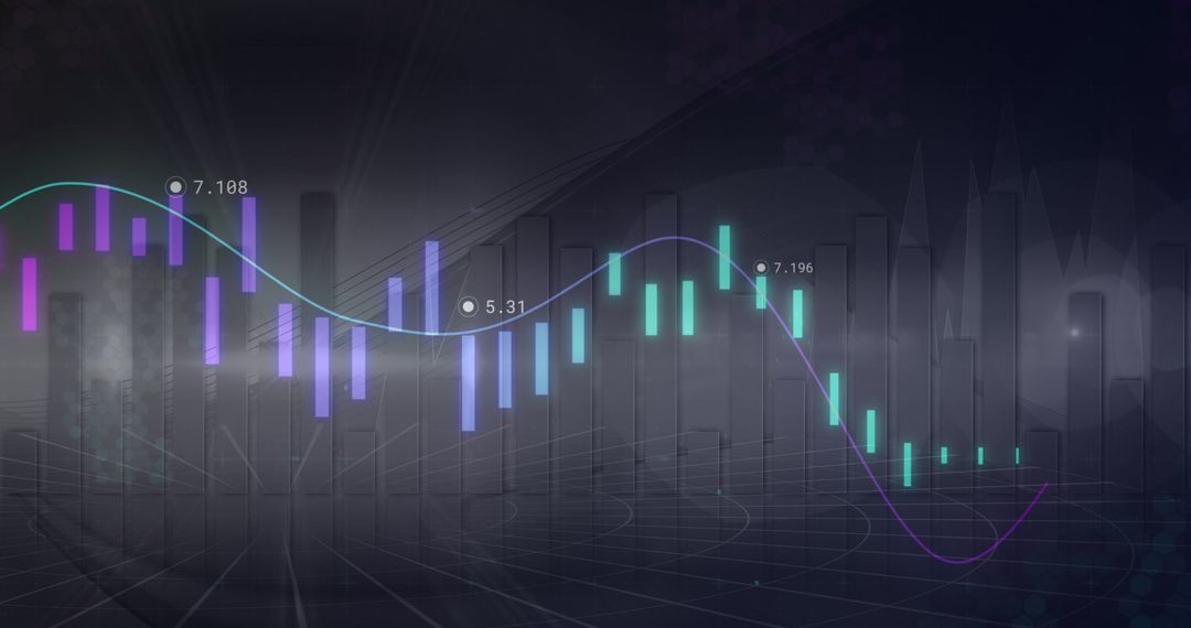 Abstract Financial Data with Neon Line Graph and Candlestick Chart