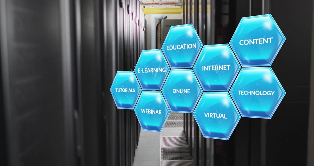 Hexagon Icons Representing Online Education in Data Center
