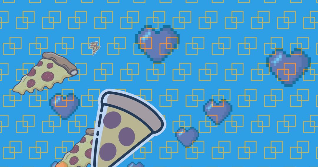 Bright Pattern of Pizza Slices and Pixel Hearts on Blue Background