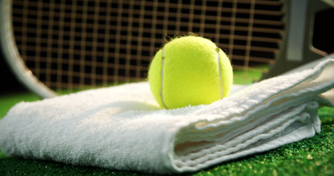 Tennis Ball on White Towel with Racket on Grass Court Close-Up - Free Images, Stock Photos and Pictures on Pikwizard.com