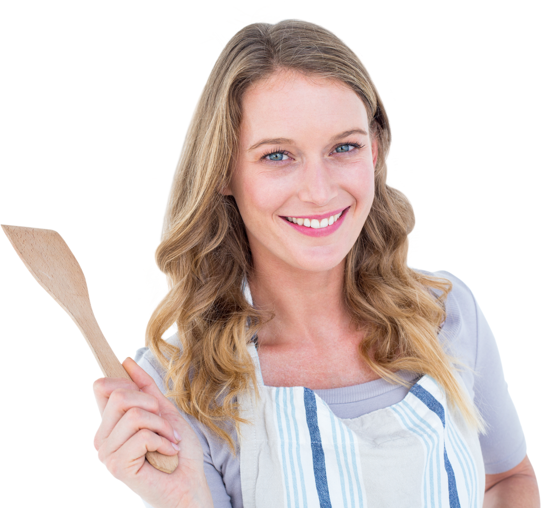 Smiling Woman Holding Wooden Spatula Ready to Cook on Transparent Background - Download Free Stock Images Pikwizard.com