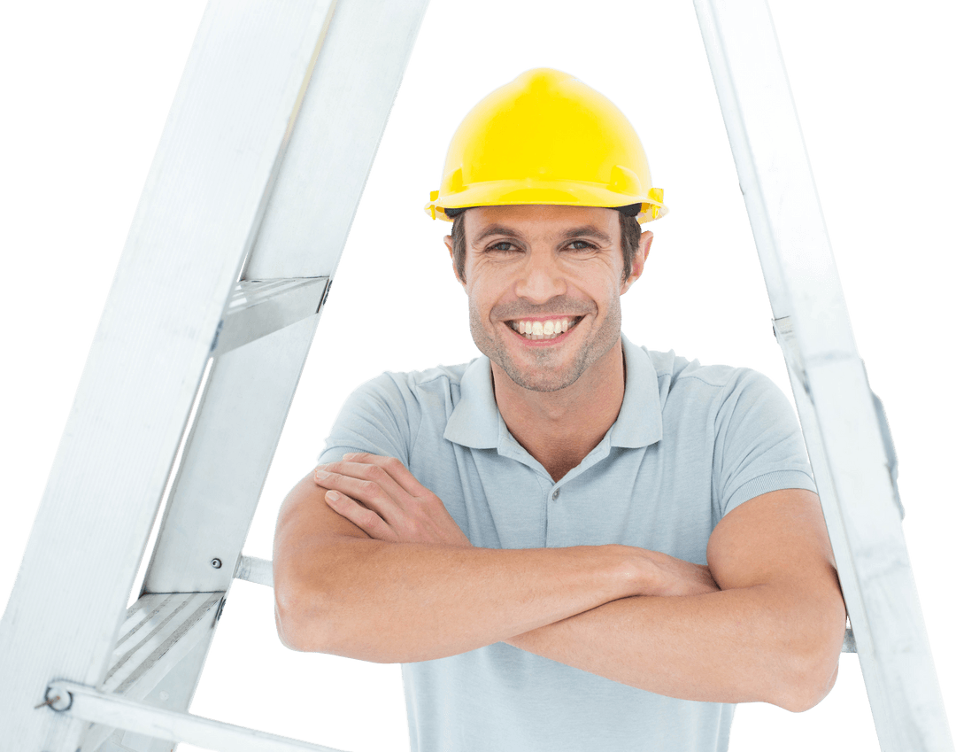 Transparent Background Smiling Carpenter with Ladder and Safety Helmet