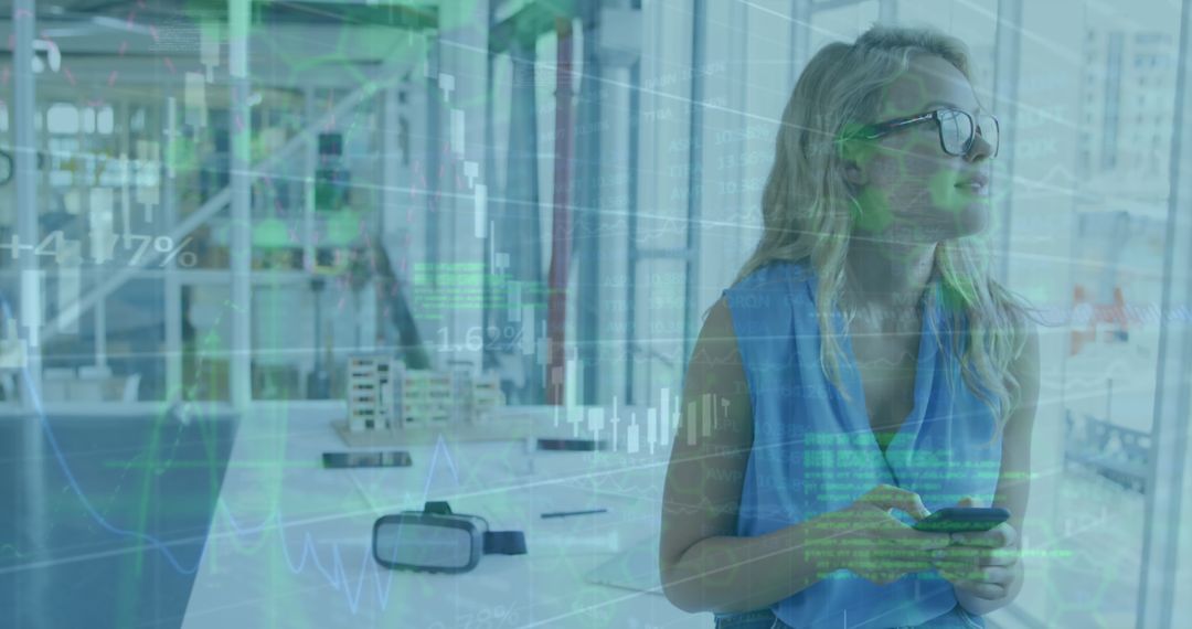Businesswoman Analyzing Tech and Data Projections Using Smartphone