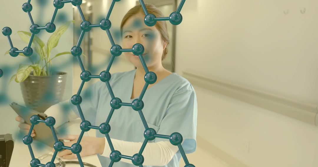 Nurse Holding Tablet at Clinic Station with Molecular Overlay Representing Medical Research