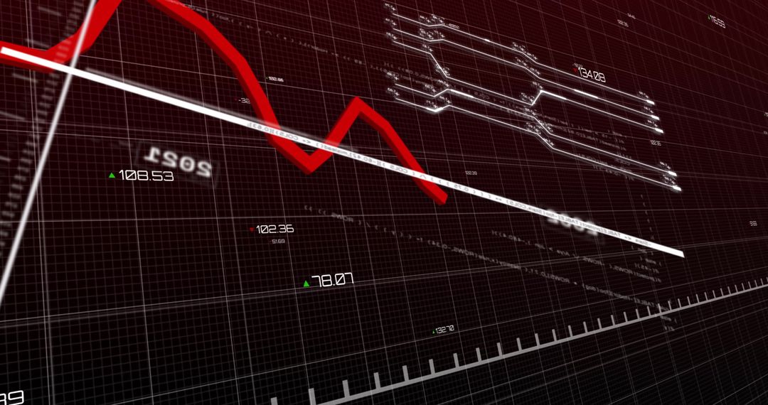 Digital display of financial decline graph and data connectivity
