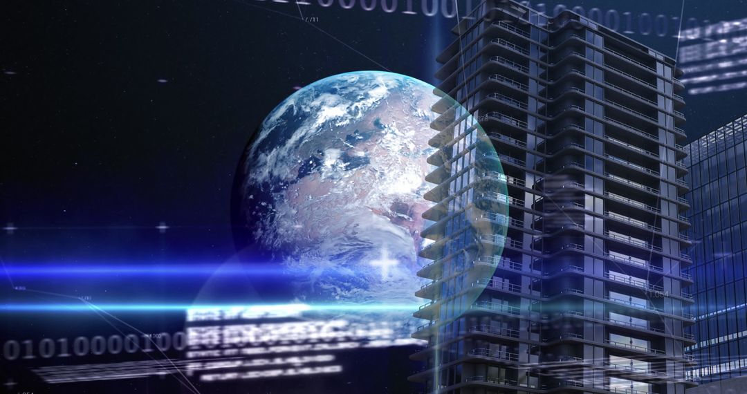 Earth and Modern Skyscraper with Digital Financial Overlay