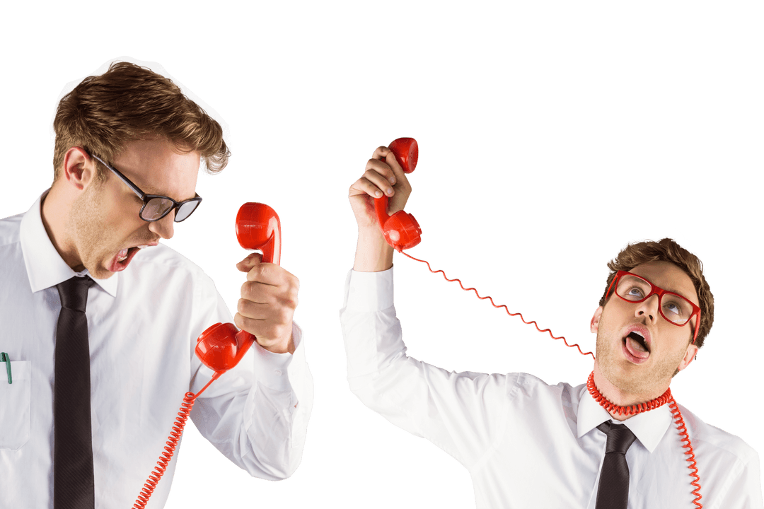Nerdy Businessman Talking on Red phones transparent Background