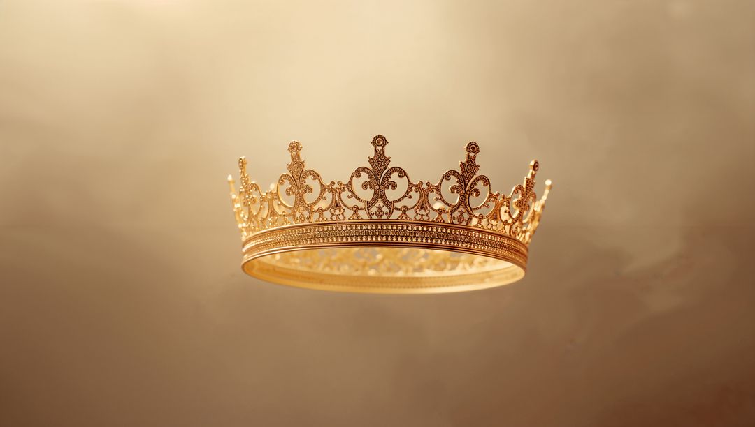 Floating Ornate Gold Crown with Filigree and Gem Accents on Warm Beige Gradient
