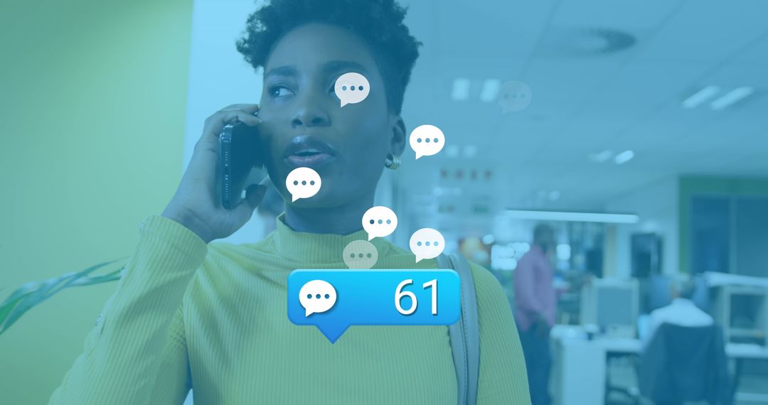 Woman Talking on Phone with Social Media Notifications in Office