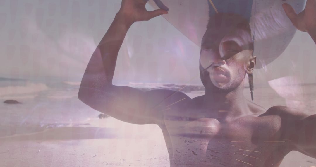 Shirtless Man with Inflatable Float on Beach in Vivid Light