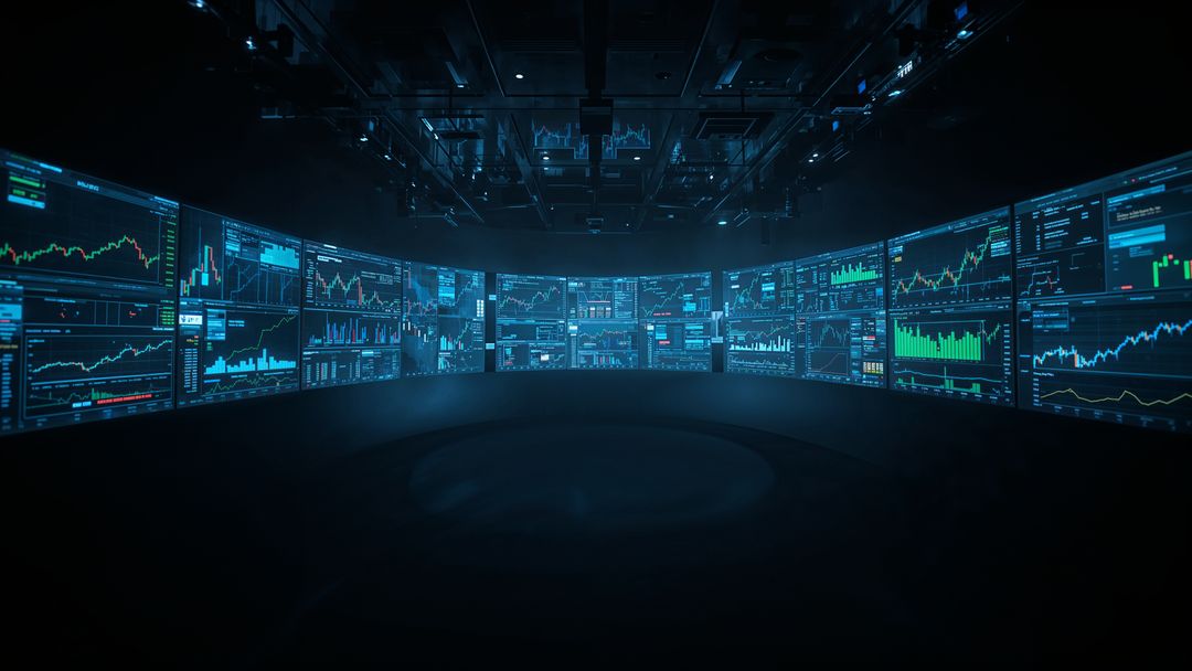 Futuristic Financial Analysis in High Tech Room with Curved Displays