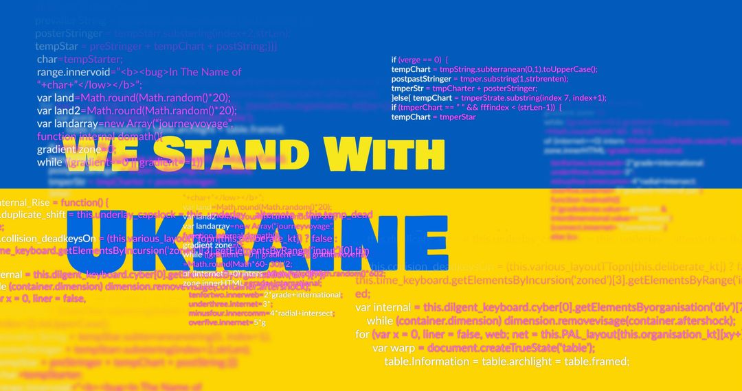 We Stand with Ukraine Overlaid on Ukrainian Flag with Data Elements