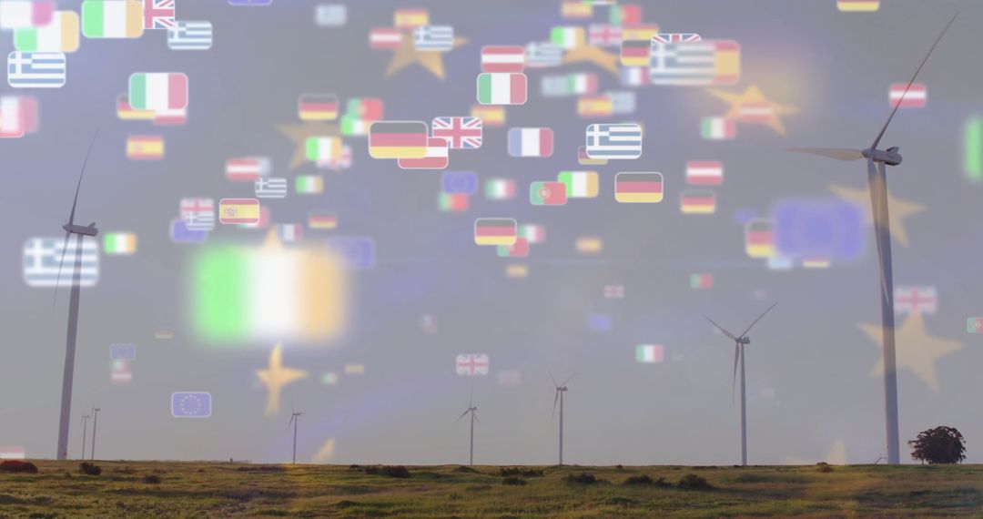 Wind Turbines with International Flags Highlighting Global Sustainability