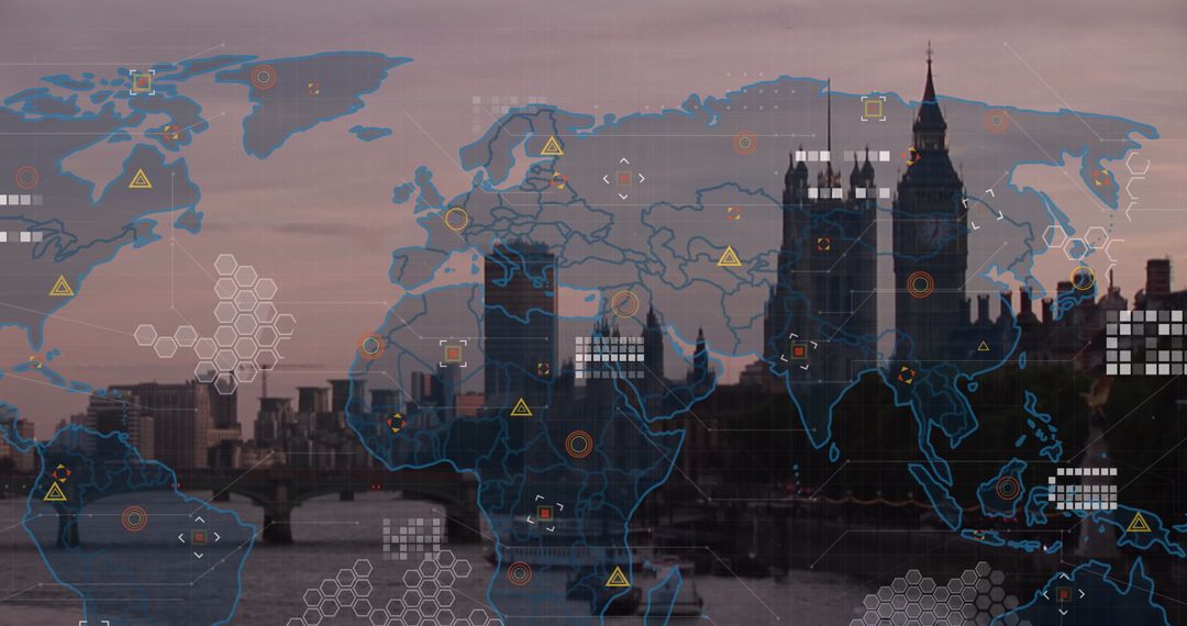 Global Network Overlay on London Skyline for Business Technology