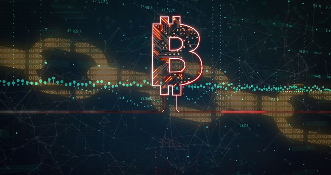 Bitcoin Symbol with Digital Circuitry and Blockchain Data