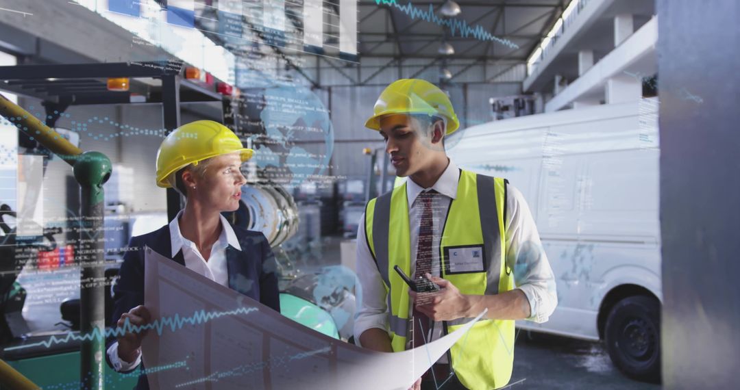Engineers Discussing Blueprint in Industrial Warehouse