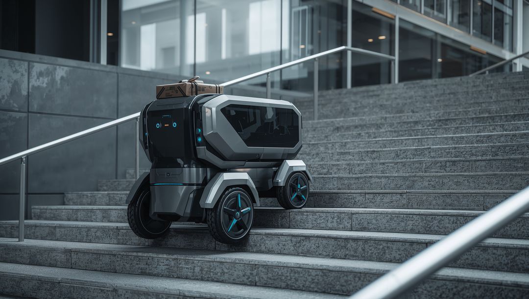 Autonomous delivery robot navigating stone stairs carrying parcels in modern office lobby