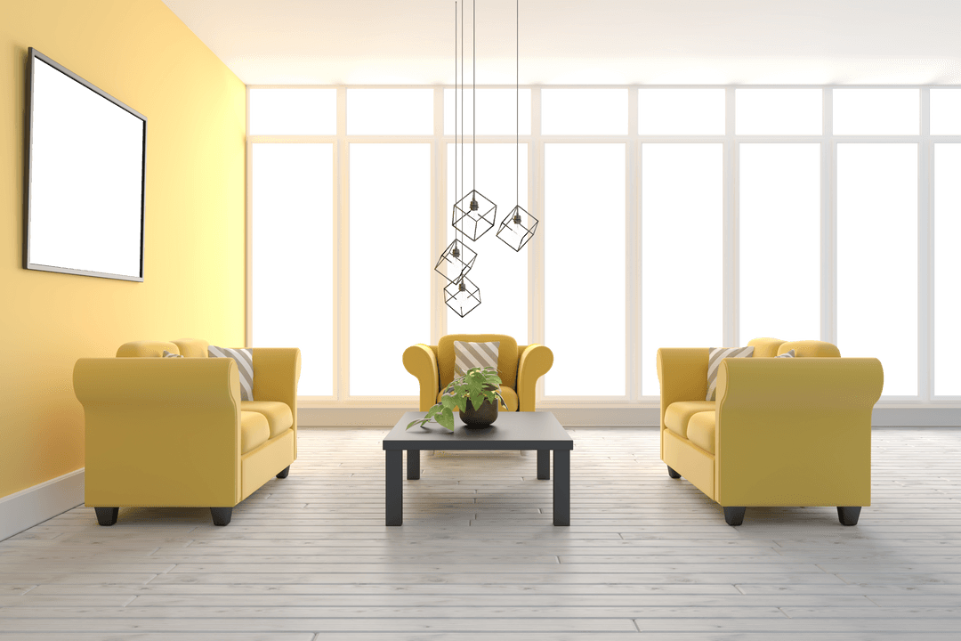 Stylish Transparent Living Room with Yellow Sofa Set