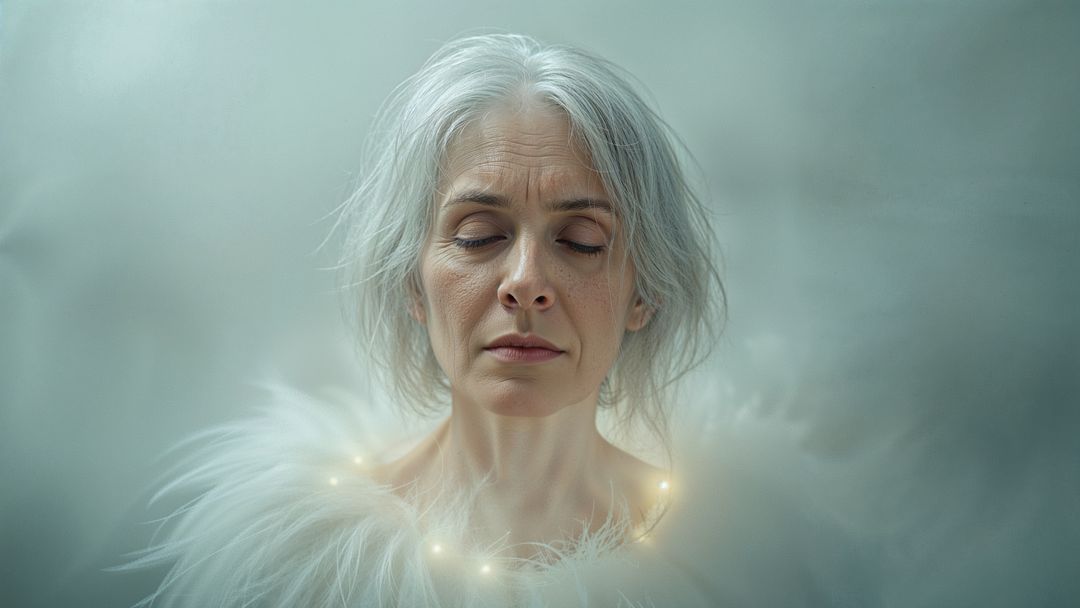 Graceful old people clad in feathered wrap with ethereal glow