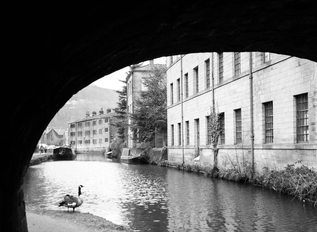 Serene Canal View Through Bridge Arch in Black and White - Free Images, Stock Photos and Pictures on Pikwizard.com