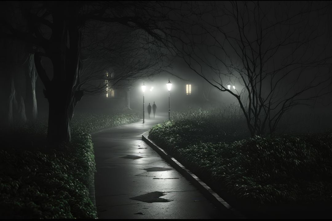 Path in park with street lamps on dark misty rainy night, created using generative ai technology - Free Images, Stock Photos and Pictures on Pikwizard.com