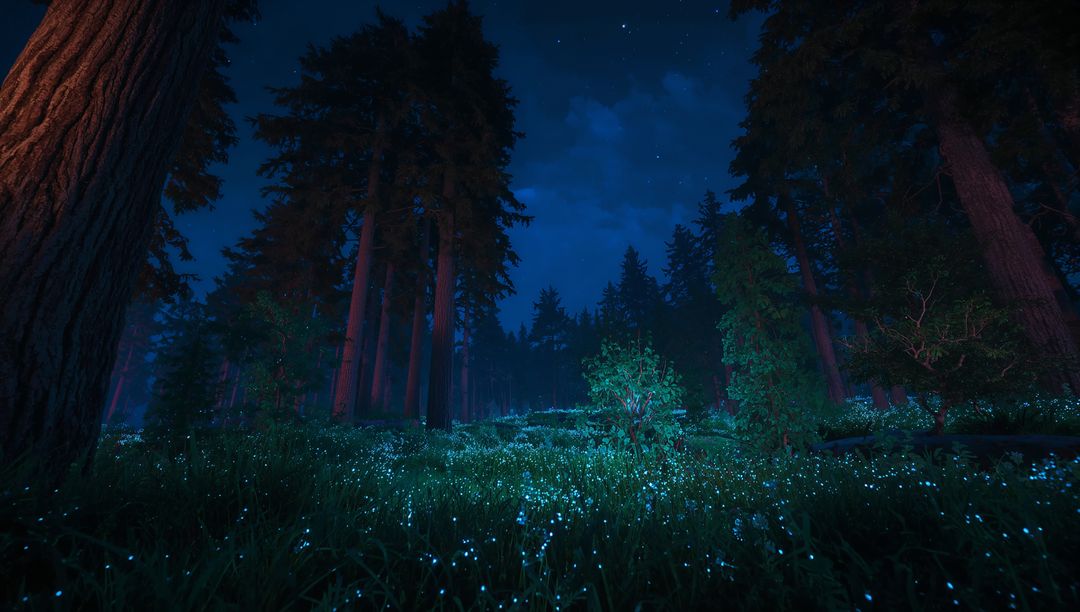 Magical Night Forest with Bioluminescent Grass Under Starry Skies