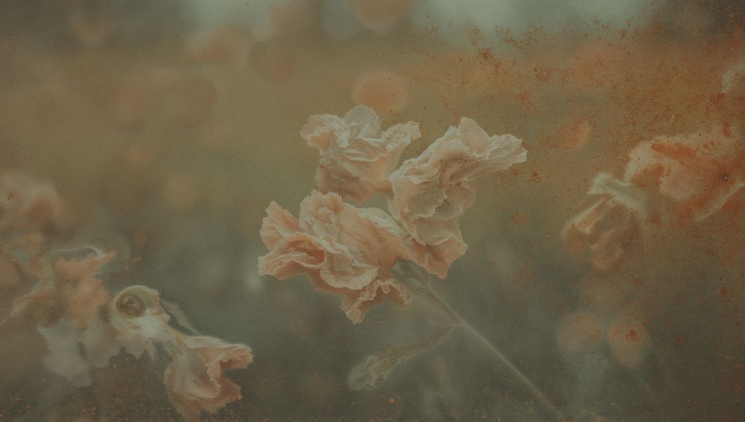 Peach Ruffled Flower Cluster Macro with Vintage Texture, Rust Grain and Dreamy Bokeh