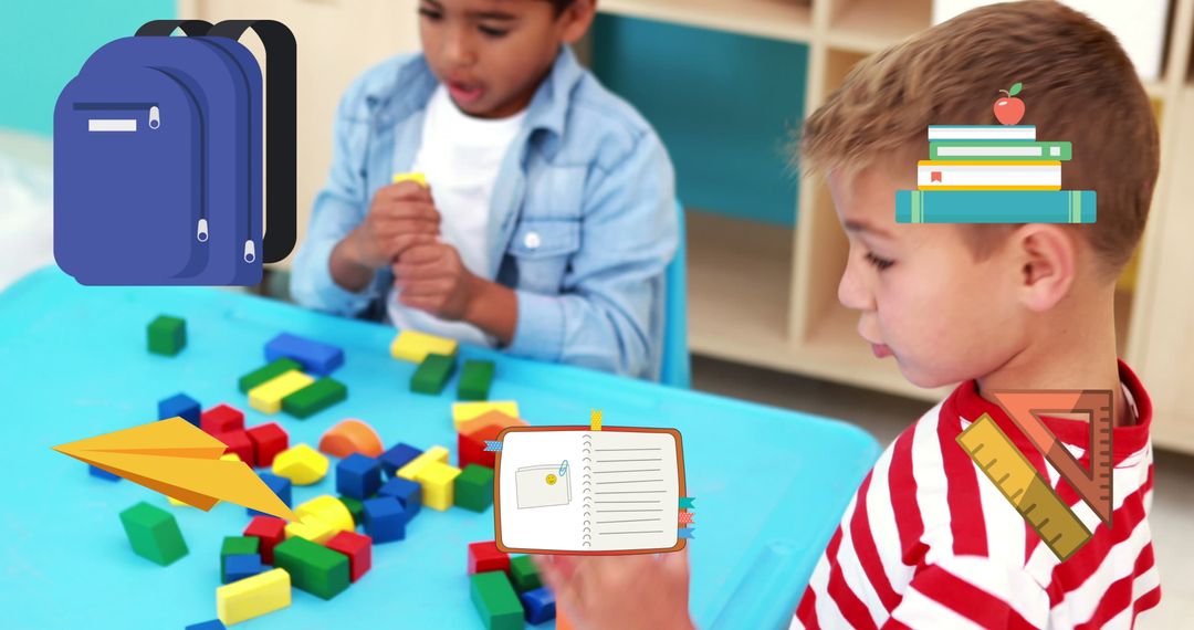 Kids Learning With Blocks Surrounded by Animated School Supplies