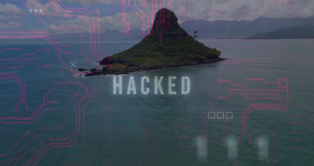 Aerial Island with Digital 'HACKED' Overlay Conveying Cybersecurity Themes
