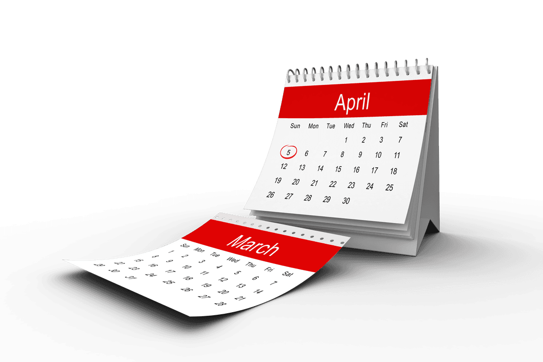 Digital Calendar Cards Showing March and April on Transparent Background