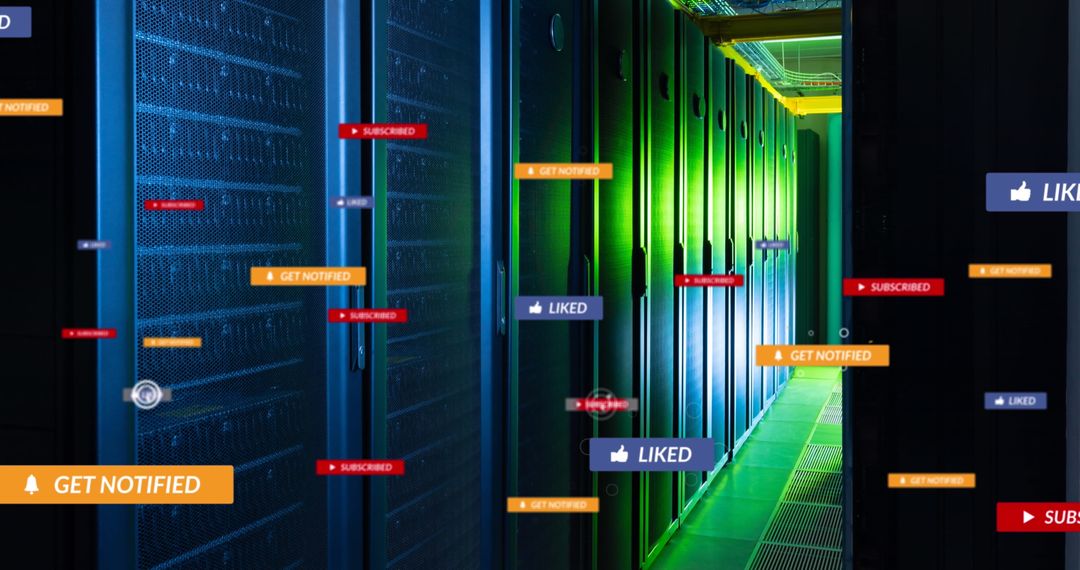 Social Media Icons Overlaying High-Tech Server Room