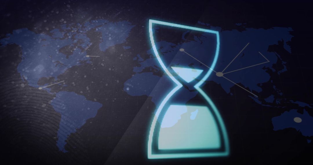 Neon Blue Hourglass with World Map Digital Connectivity