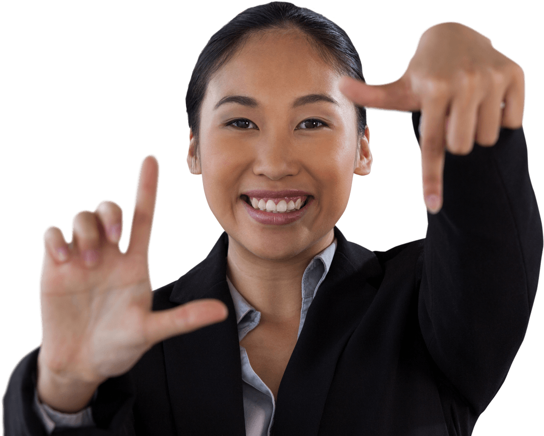 Transparent Smiling Businesswoman Making Finger Frame Gesture