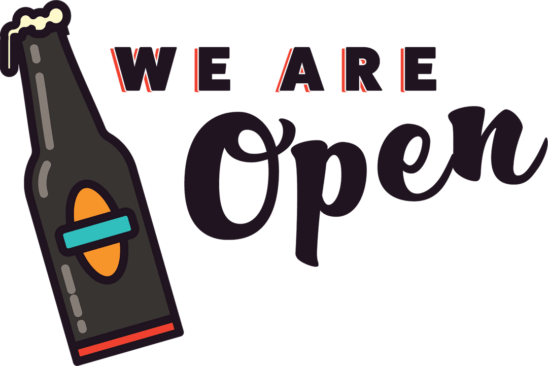 We Are Open Sign with Beer Bottle on Transparent Background