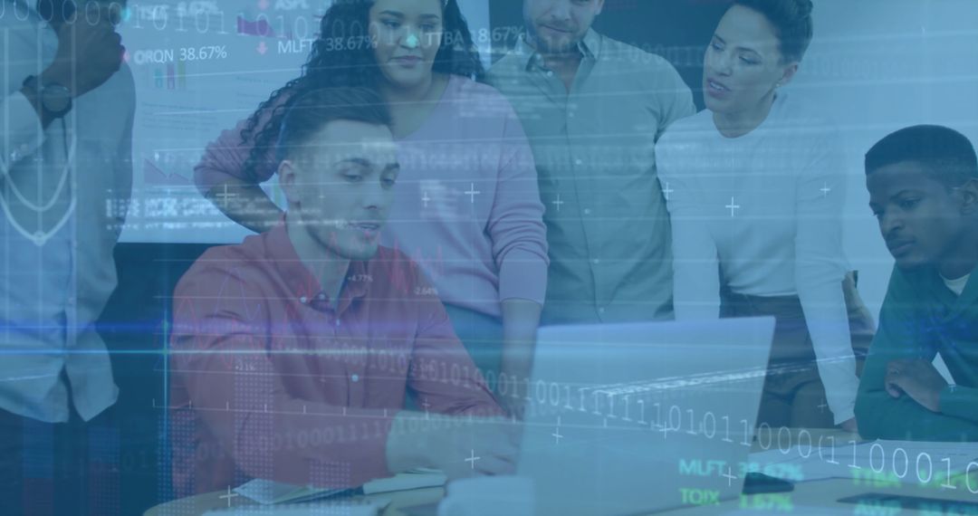 Diverse Office Team Collaborating on Digital Project in Modern Workspace