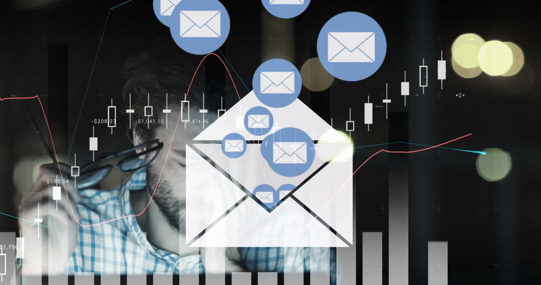 Digital Communication Through Email Icons Over Business Graphs