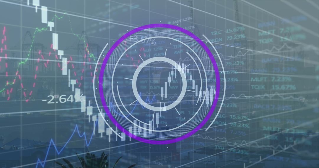 Circular Scanner Over Financial Data and Cityscape Panorama