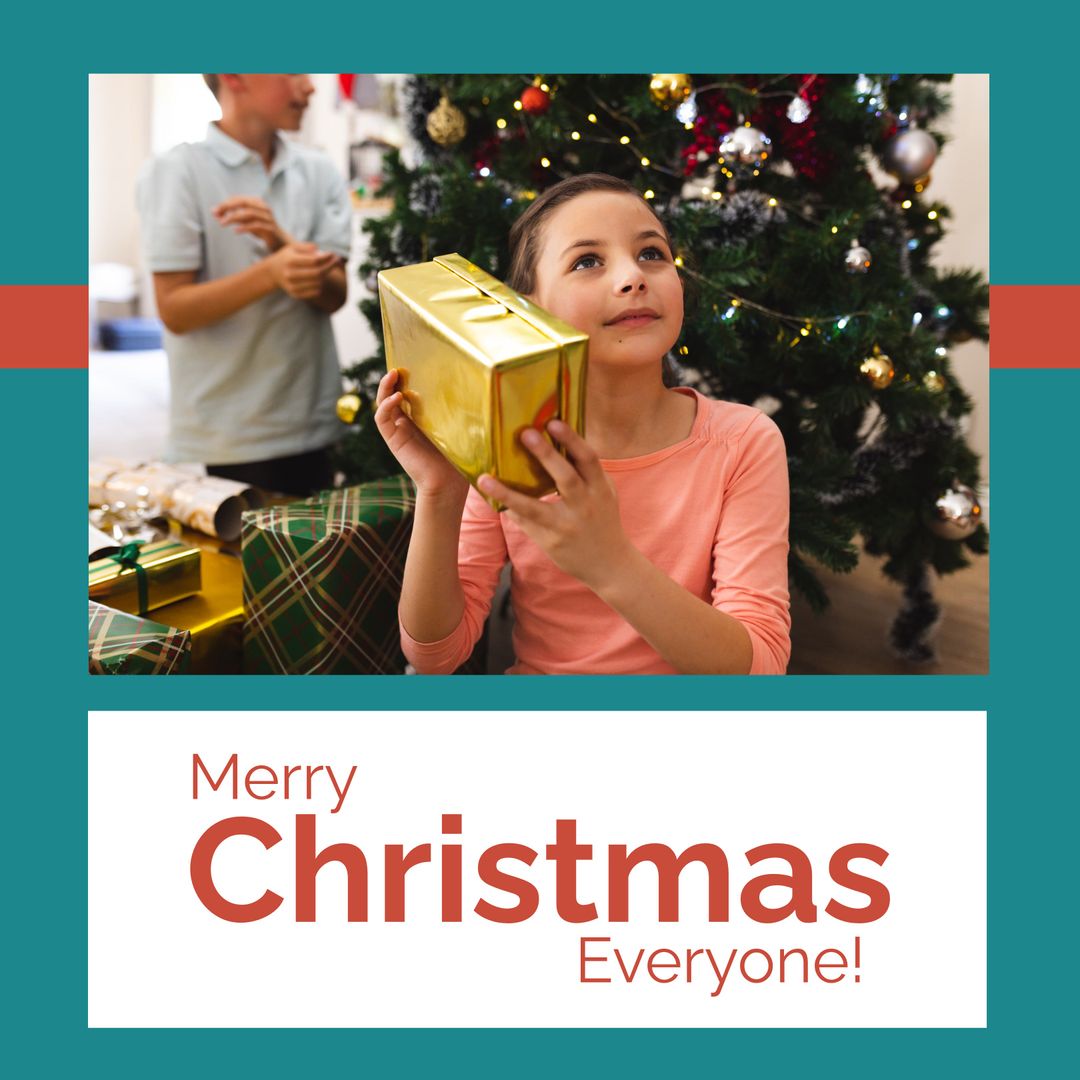 Child Contemplating Christmas Gift Near Decorated Tree